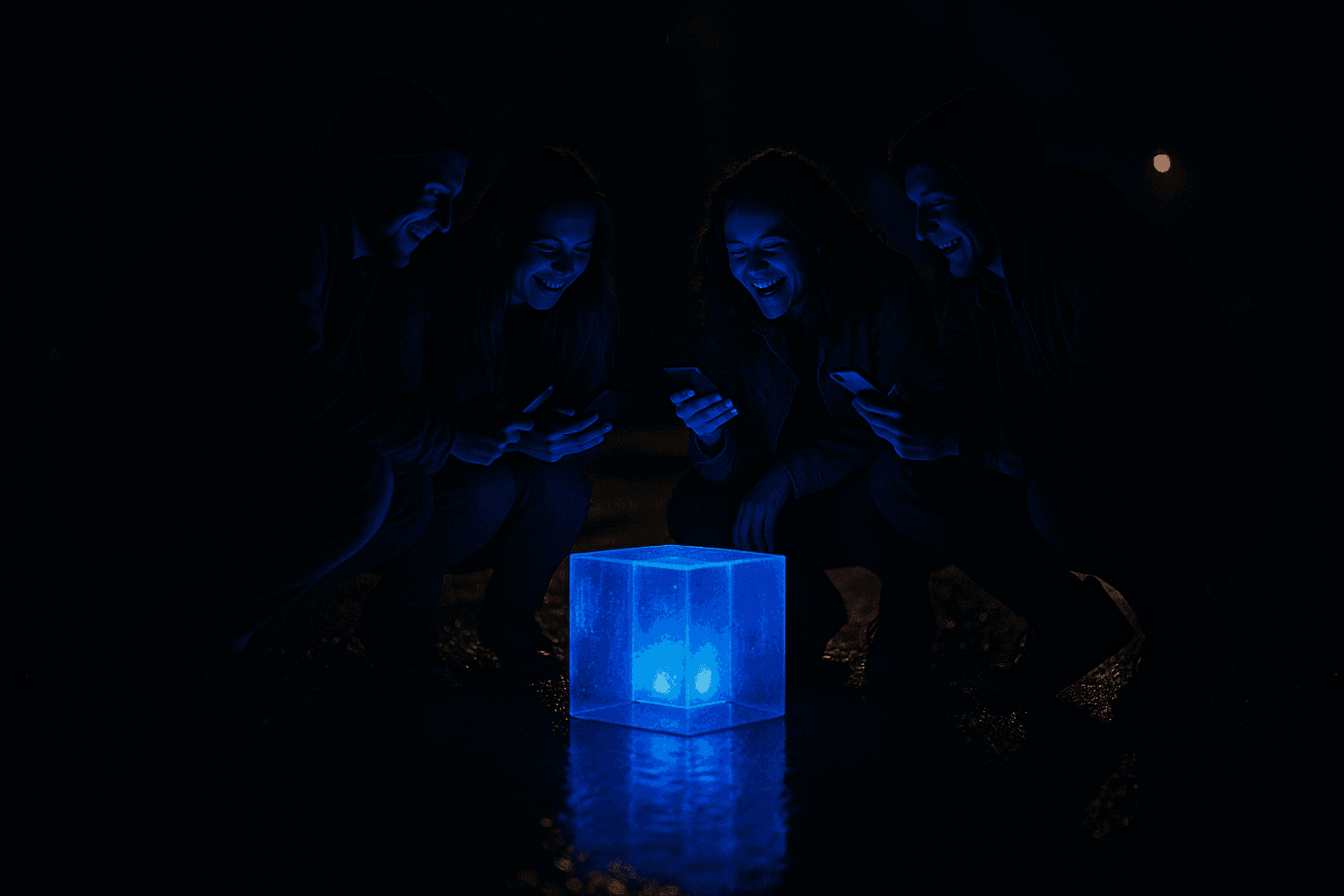 Friends gathered at night around a glowing blue cube