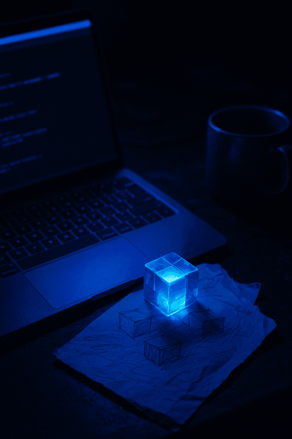 Late-night desk with a laptop and a glowing blue cube