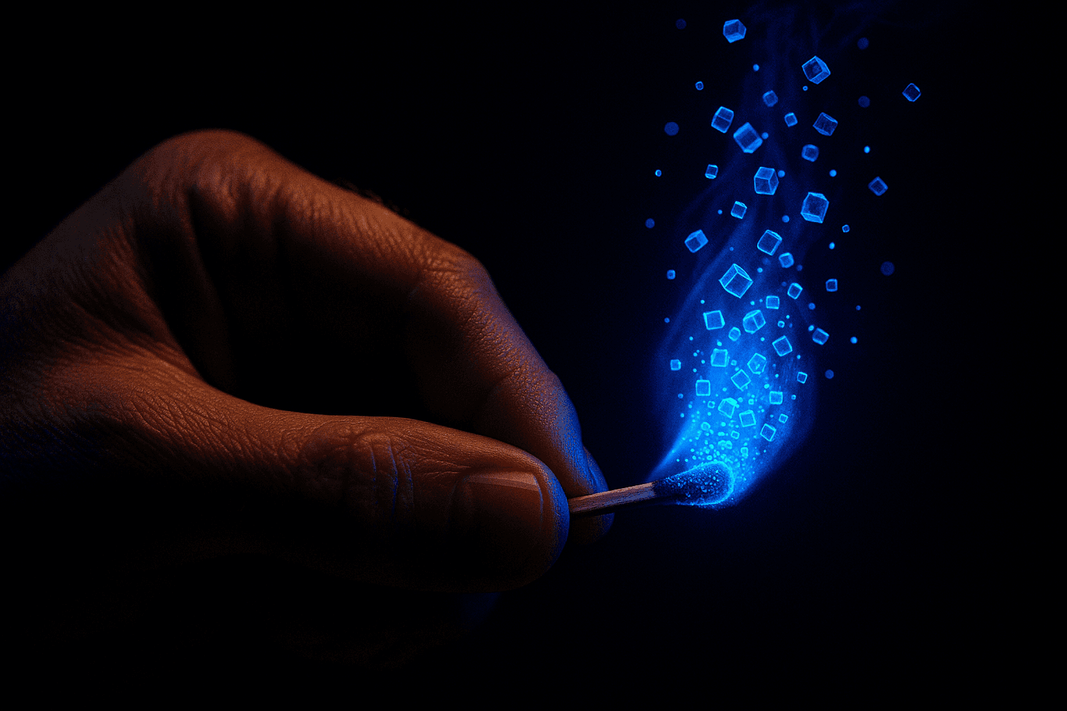 A hand striking a match that burns with blue cubes